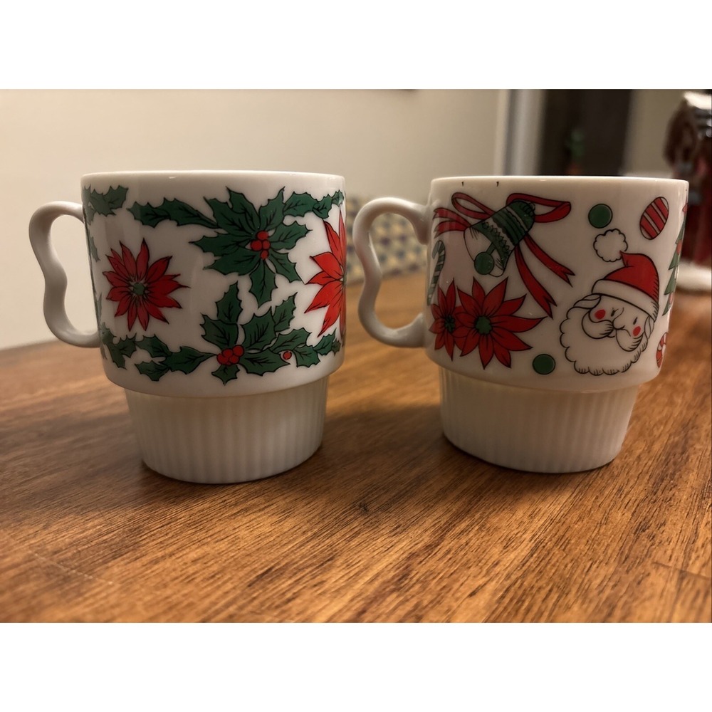Vintage 1970s  Trimont Ware Japan Stacking‎ Mugs Cups Christmas Set of 2 - CUTE